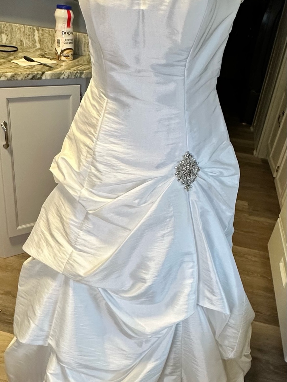 Ivory Satin Strapless Wedding Gown with Rhinestone Brooch